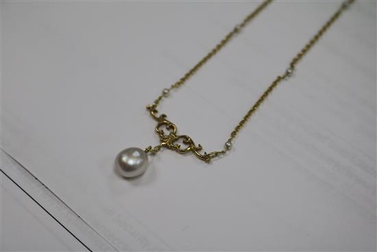 An 18ct gold and cultured? pearl drop necklace, the chain set with seed pearls, 62cm.